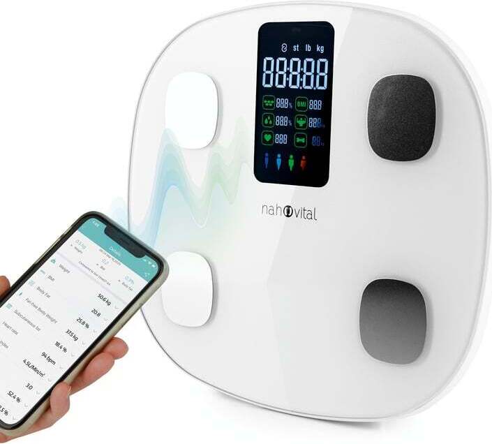 DS Produkte nah-vital® smarte Körperanalysewaage digital Körperfettwaage App 15 Körperdaten Körperfett Gewicht BMI Muskelmasse BMR Display bis zu 24 Profile 07155200600