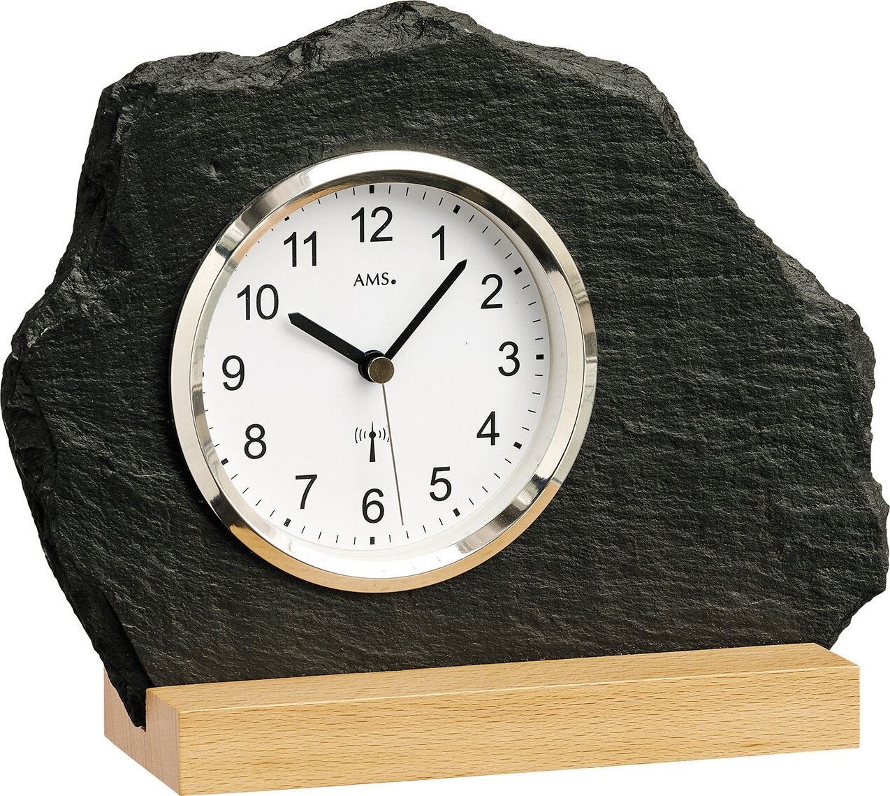 AMS 5114 Tischuhr Funk Holz Buche mit Glas Schiefer Naturschiefer Schieferuhr 50209