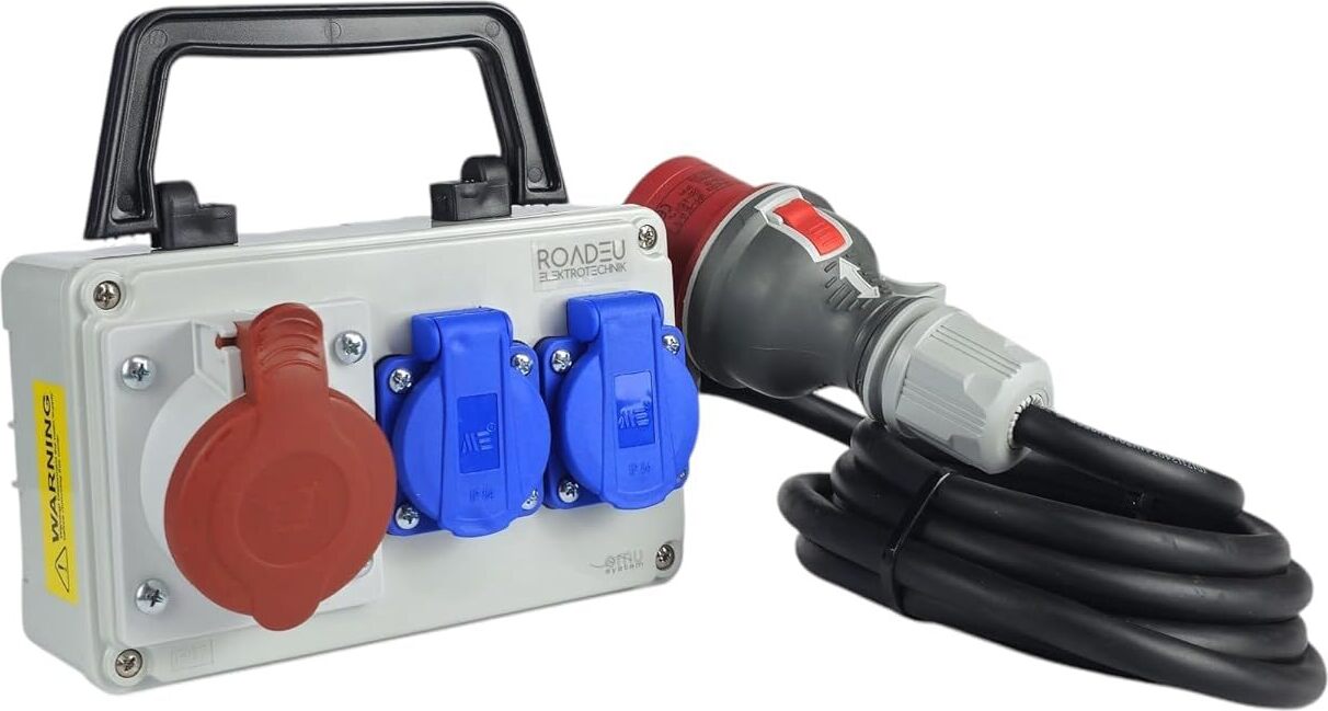 RoadEu - CEE Steckdose 16A und 2x Schuko Verteiler - Steckdosenverteiler - Stromverteiler 16A, Mobilverteiler - Stromkabel 1 m - Baustromverteiler