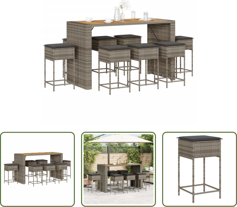 The Living Store 9-dielny záhradný barový set s vankúšmi sivý polyratan
