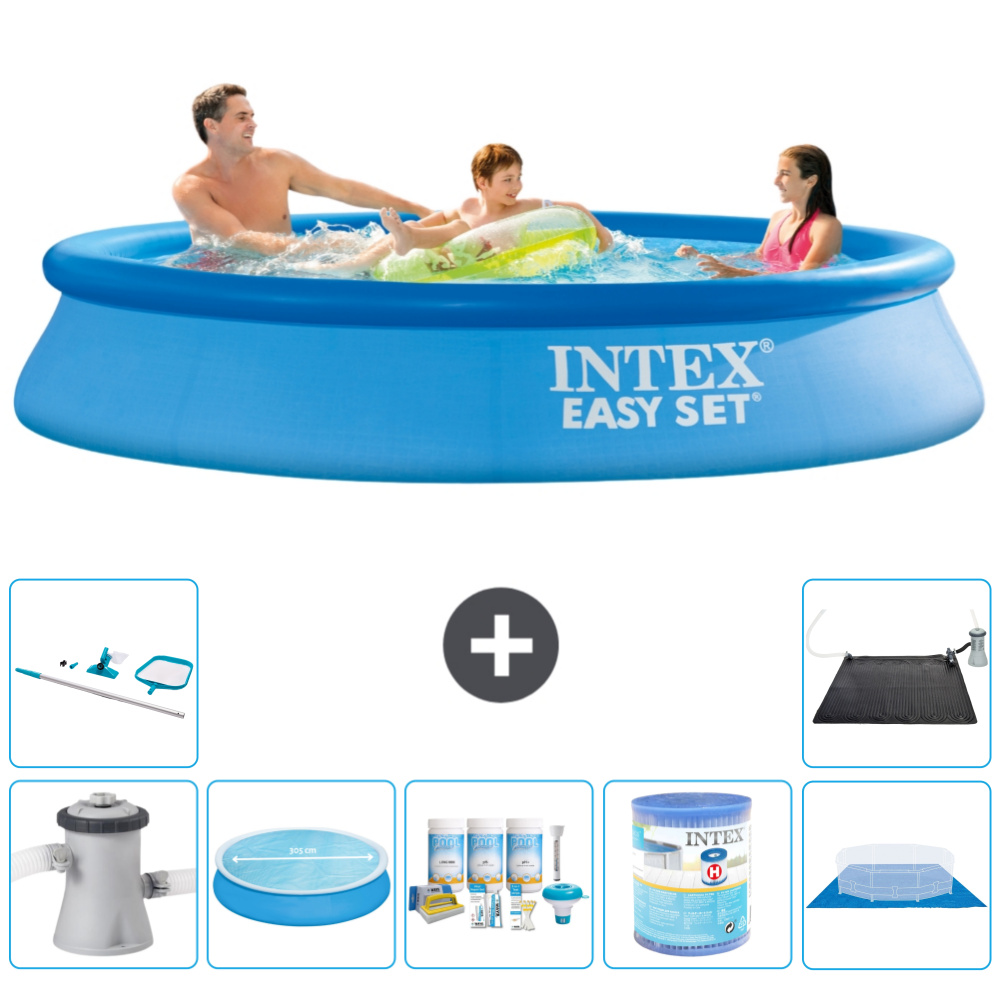 Okrúhly nafukovací bazén Intex Easy Set - 305 x 61 cm - modrý - vrátane markízy s čerpadlom - balík na údržbu - filter - podložka - čistiaca súprava - solárna podložka