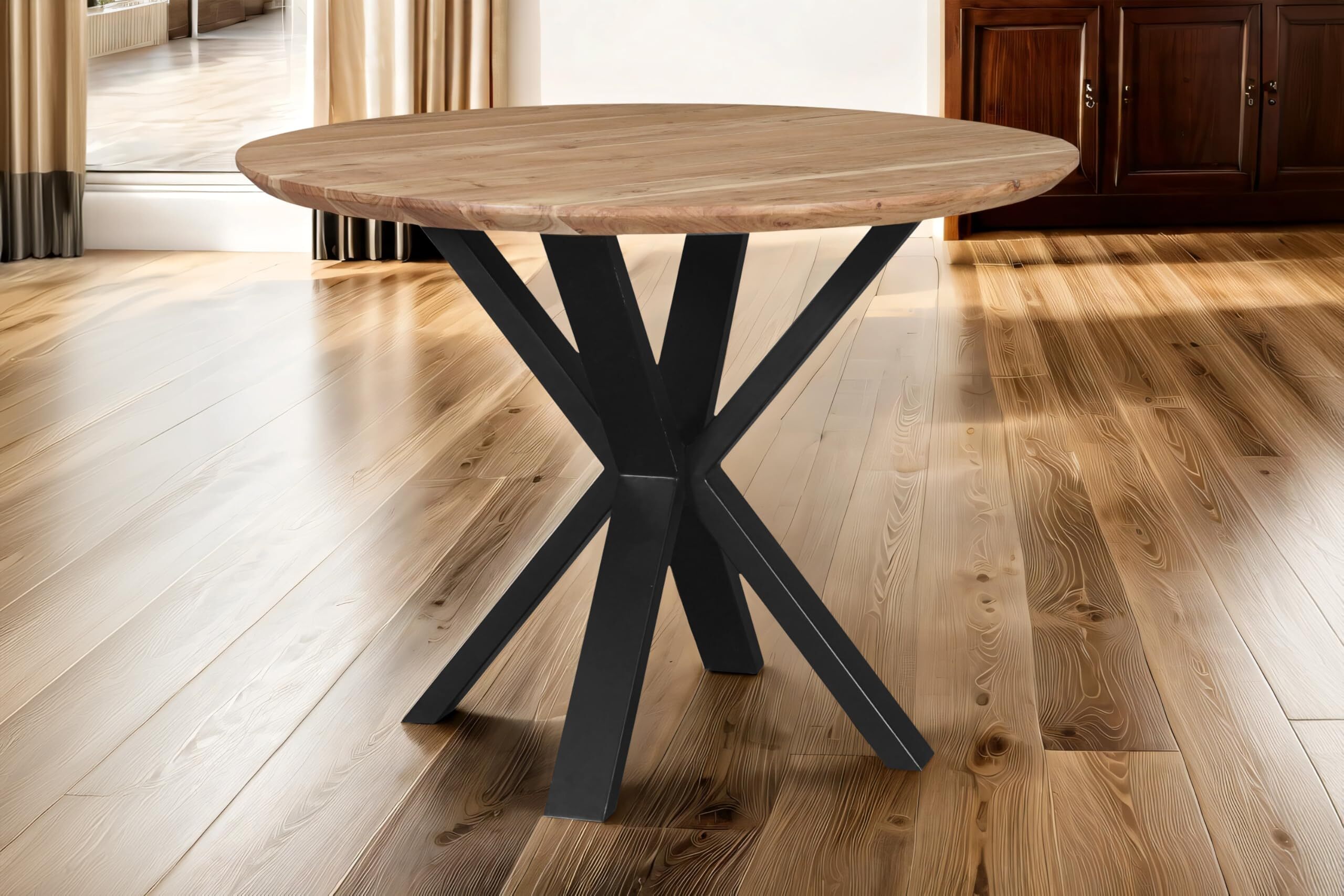Runder Esstisch 105 cm Cara, Akazienholz naturfarben + massiv, Esszimmertisch mit Schweizer Kante, Spider-Gestell Metall Schwarz, pflegeleichter Holztisch