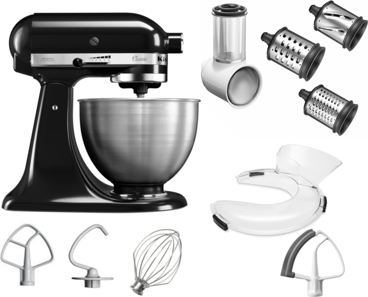 KitchenAid 4,3 l 5K45SS Classic Food Processor Set 3 Krájač na zeleninu + ochrana proti rozstreku + mixér Flexi, farba: čierna Onyx