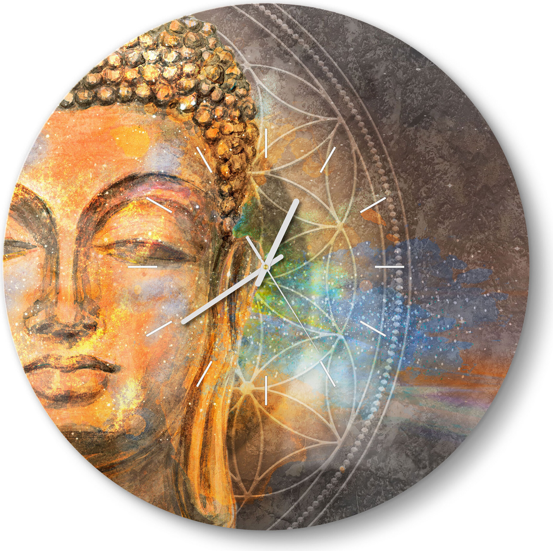 DEQORI Glasuhr Ø50 cm Modern 'Meditierender Buddha' Wanduhr Glas Uhr Design leise WC-D50-M-2306
