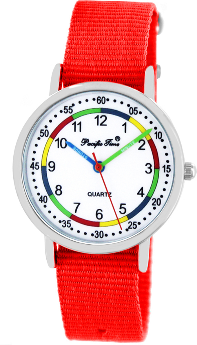 Pacific Time Kinder Armbanduhr Mädchen Lernuhr wasserdicht bunte Zeiger Einschulung rot 10813