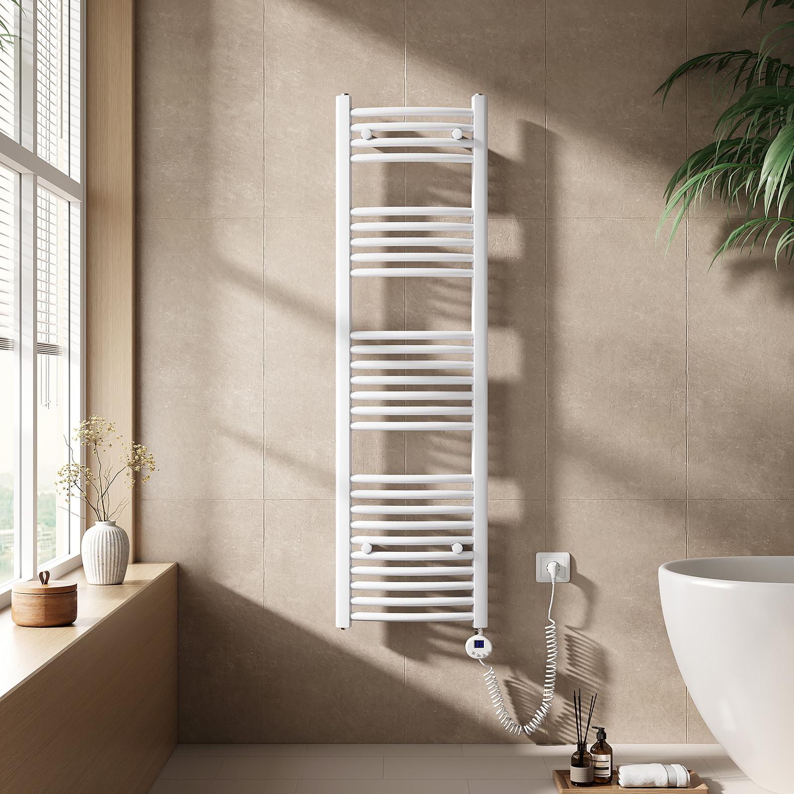 EMKE Elektrický kúpeľňový radiátor na uteráky zakrivený 500w Wifi ovládanie Inteligentný termostat 140X40cm Biely ohrievač uterákov