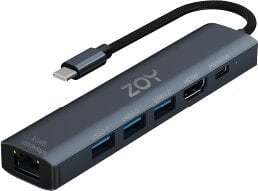 ZOY USB-C hub so 6 portami, USB C (100W PD), 3xUSB-A 3.0, Ethernet, HDMI 4K, USB C adaptér