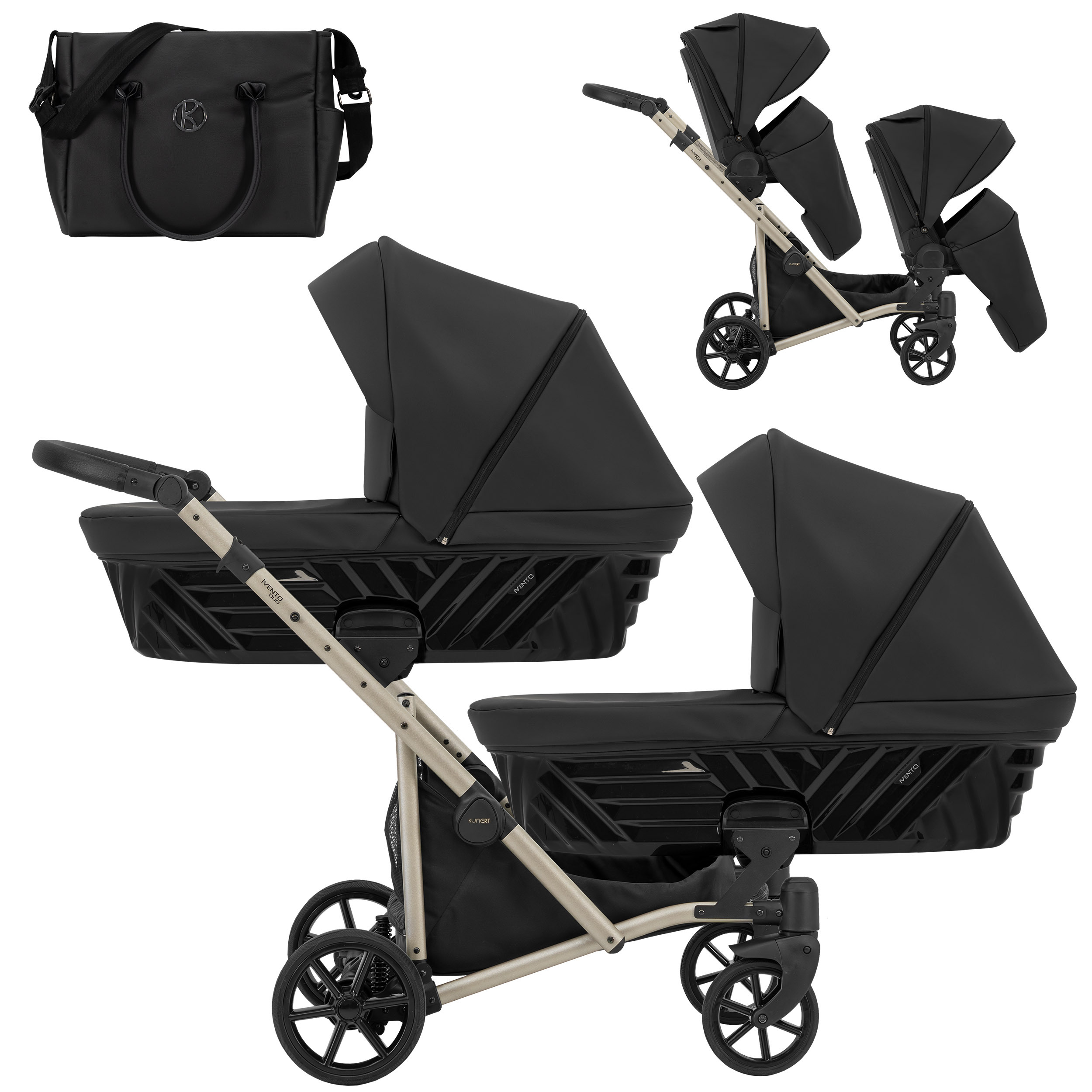 Kinderwagen IVENTO DUO 2 in 1 Komplettset Zwillingskinderwagen Geschwisterwagen Zwillingsbuggy Doppelkinderwagen (Black Pearl, Rahmenfarbe: champagne)