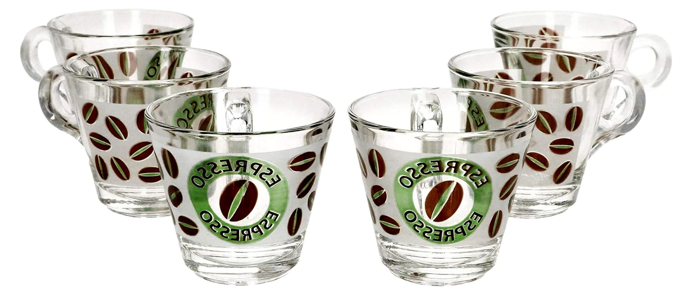 Markenlos 6er Set Glas-Espressotasse mit Henkel in Grün, 60 ml, Milchglas-Optik mit Espressobohnen-Dekor