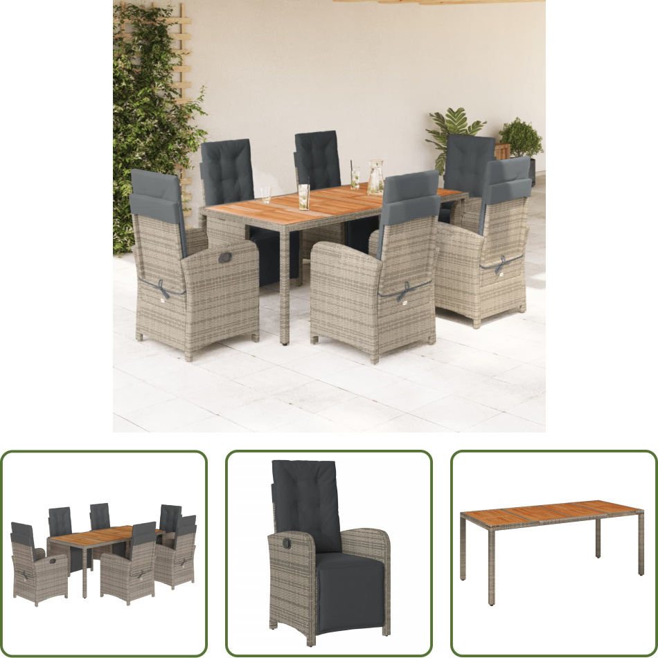 The Living Store 7-dielny záhradný jedálenský set s vankúšmi sivý polyratan