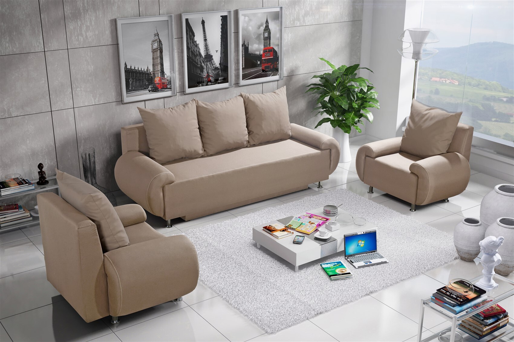 Fun Moebel Sofa Set MIKA 3-1-1 Sofagarnitur in Polyesterstoff Beige