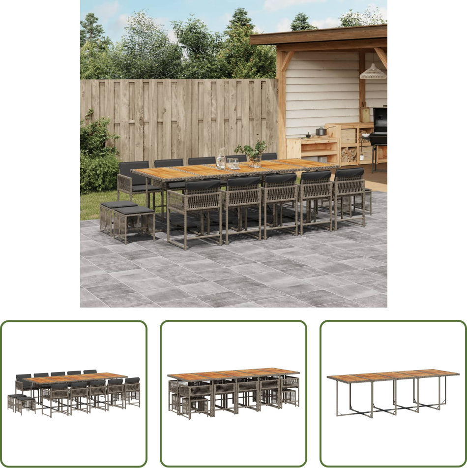 The Living Store 15-dielny záhradný jedálenský set s vankúšmi sivý polyratan