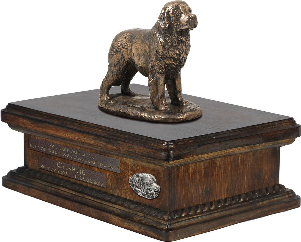 Neufundländer, Newfoundland urne in Hundeasche, personalisierte Urne mit Statue, Holzurne mit Hund von Art-Dog