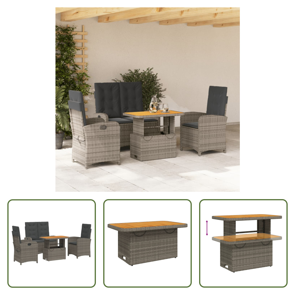 The Living Store 4-dielny záhradný jedálenský set s vankúšmi sivý polyratan