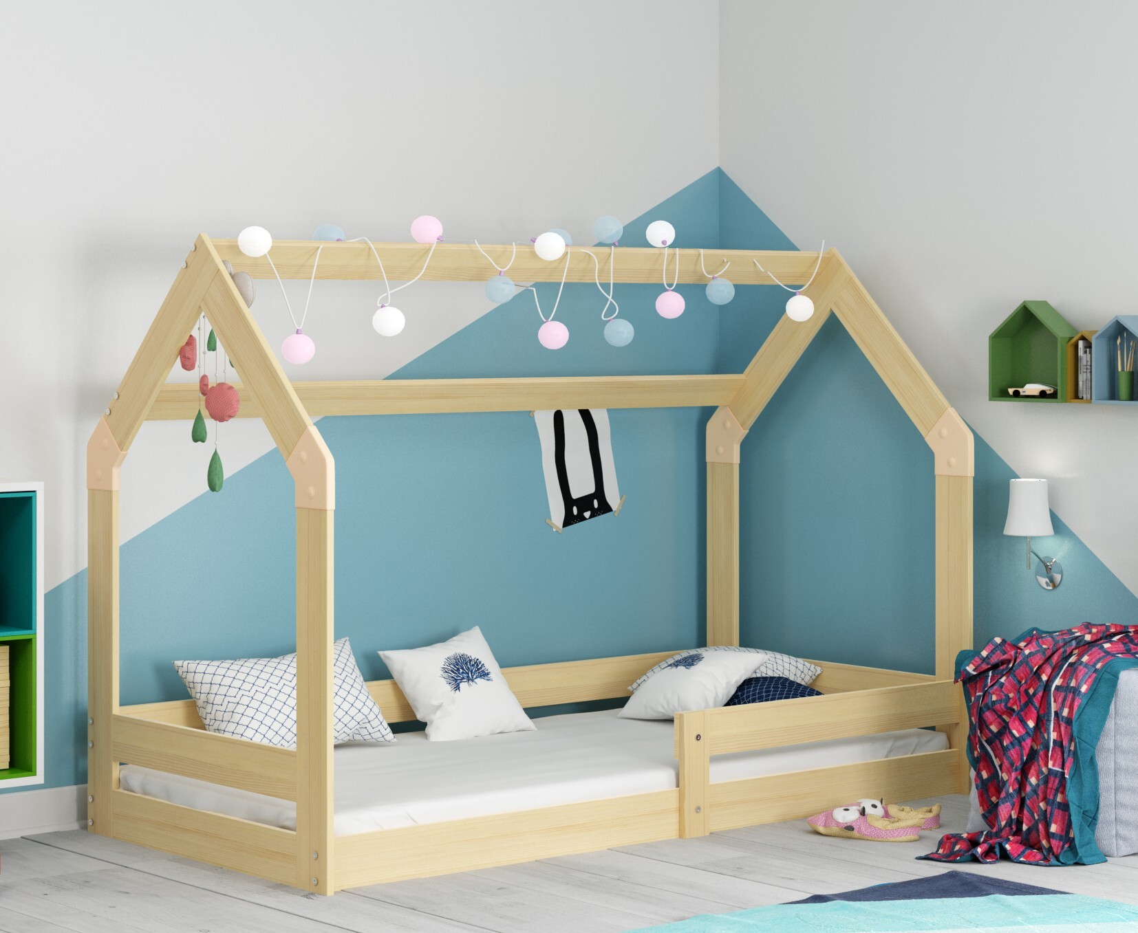 BMS Group Sawomir Pegza Interbeds Hausbett 160x80cm Montessori Kinderbett Bodenbett Holzbett Einzelbett mit Rausfallschutz mit Lattenrost