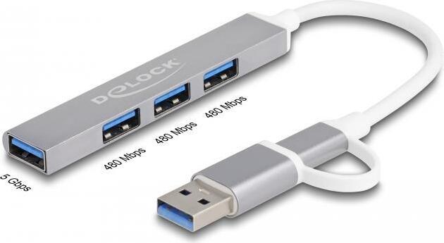 Delock 4 Port Slim USB Hub mit USB Type-C  USB 2.0 Typ-A Bu