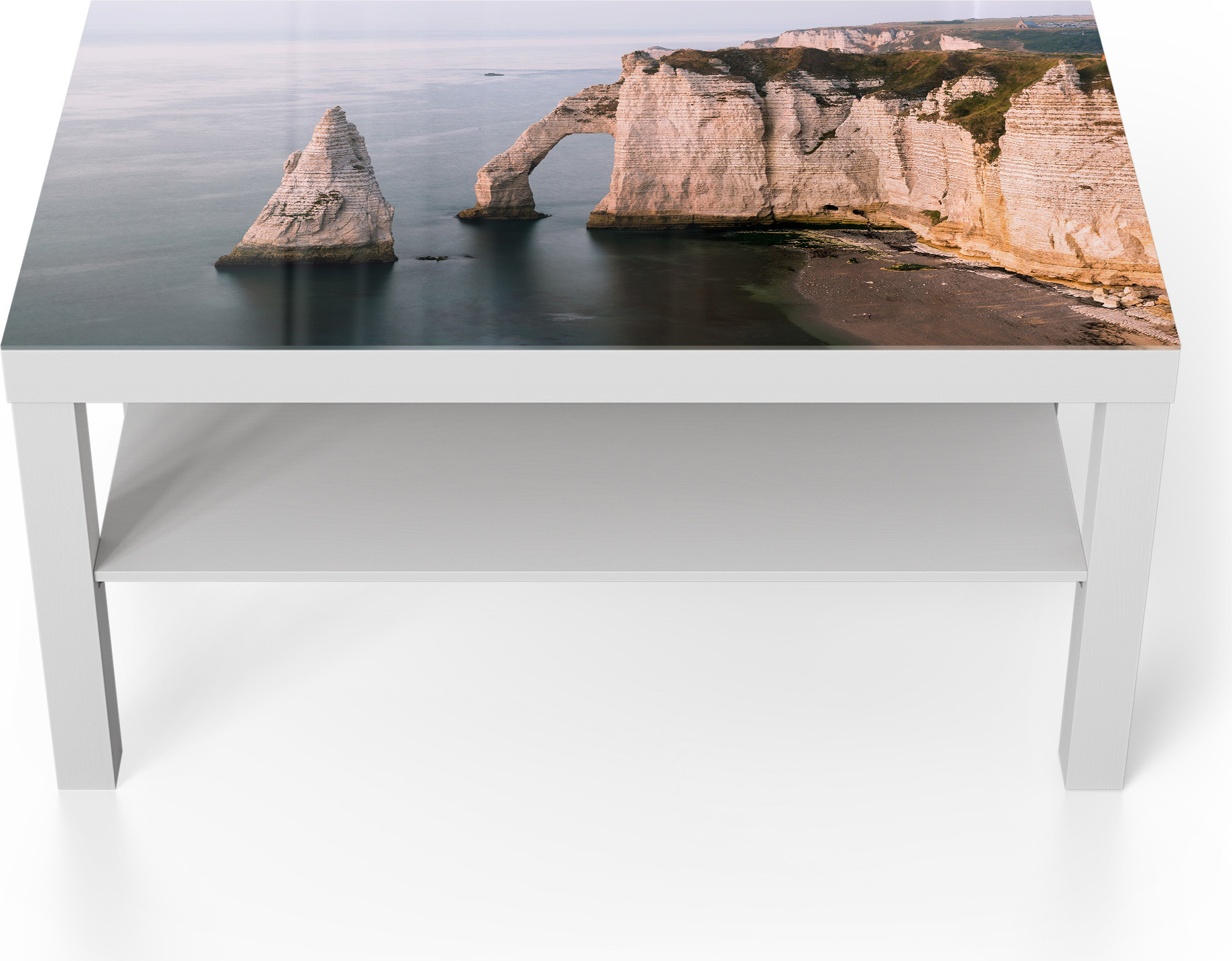 DEQORI Couchtisch 90x55 cm Weiß 'Klippen von Étretat' Glas Beistelltisch Glastisch modern TL-90-55-W-3377