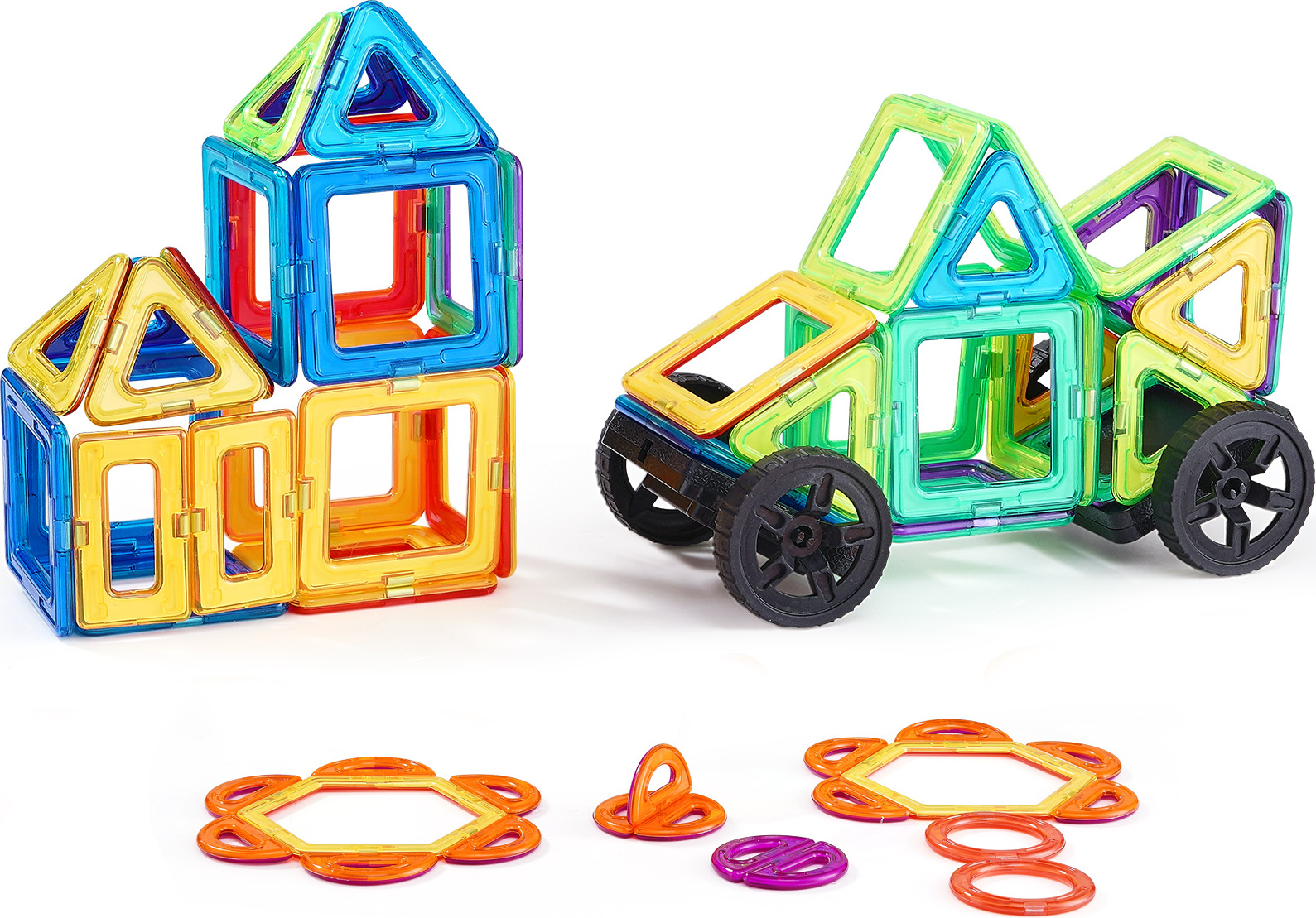SucceBuy 62-teiliges Magnetbaustein-Set mit Rädern, STEM-pädagogisches Konstruktionsspielzeug für Kinder ab 4 Jahren. Stapelspielzeug für Jungen und Mädchen, fördert die sensorische Entwicklung.