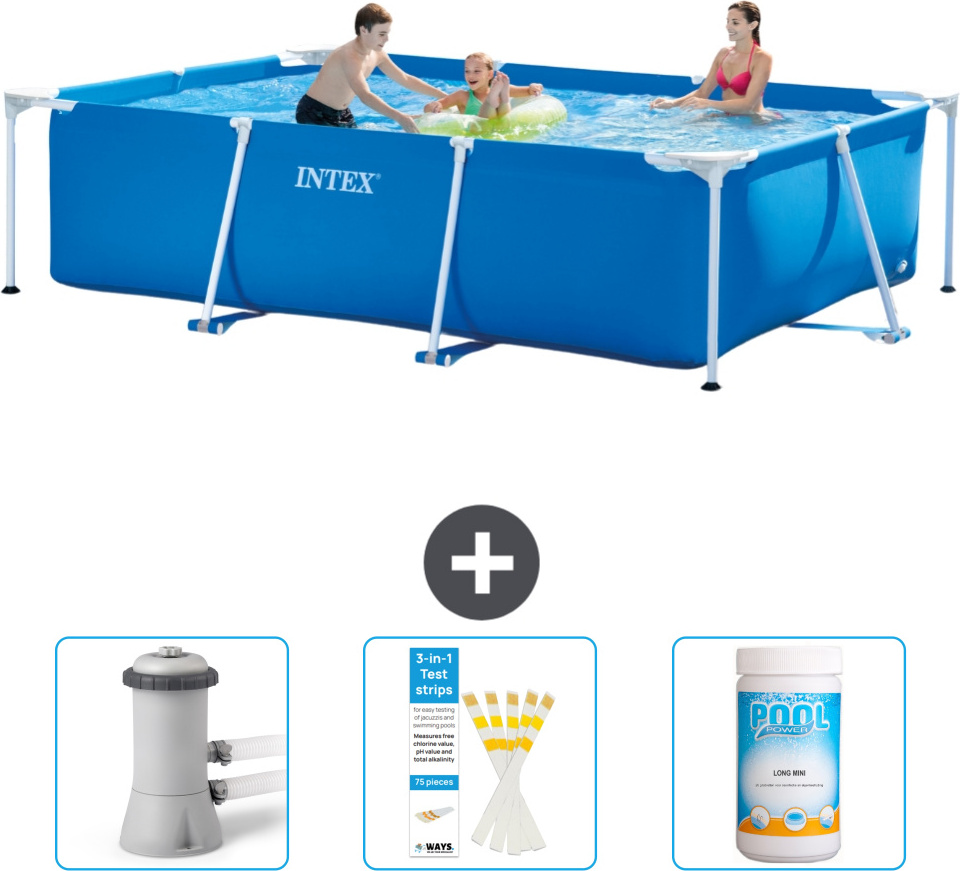 Bazén Intex s obdĺžnikovým rámom - 300 x 200 x 75 cm - Modrý - Súčasťou dodávky je filtračné čerpadlo pre bazén - Testovacie prúžky - Chlór