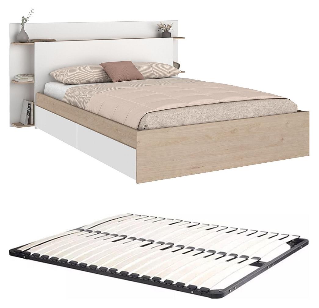 Vente-unique Bett 140 x 190/200 cm mit 4 Schubladen - Natur und weiß + Rahmen - TILONIDE
