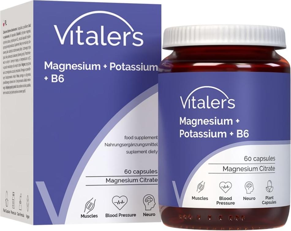 Vitaler's Magnesium 100 mg + Kalium 150 mg + Vitamin B6 6 mg – 60 Kapseln, Vegan, Reine Zusammensetzung, Ohne Zusatzstoffe VIT-0882