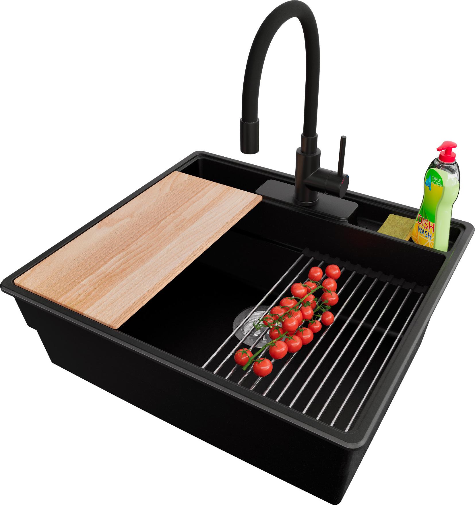 PRIMAGRAN Granitspüle Schwarz 58x53cm, Spülbecken 1 Becken + Küchenarmatur 40x38cm + Ablauf-Set + Küchenzubehörset, Küchenspüle ab 60er Unterschrank - New York