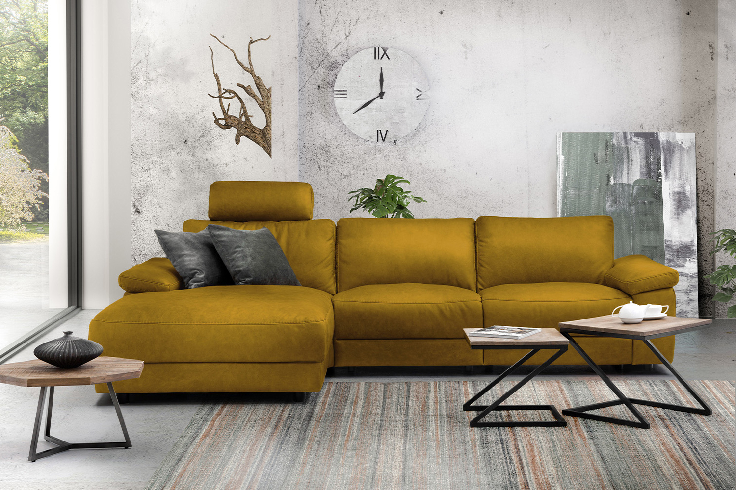 KAWOLA Sofa LOLA Ecksofa XL Stoff curry mit motorischer Relaxfunktion Recamiere links