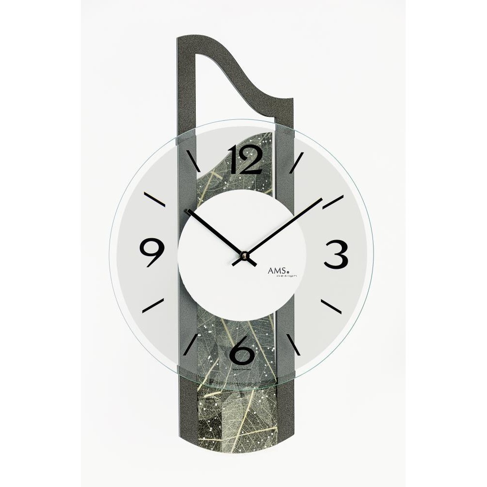 moderne Wanduhr mit Natur-Baumblatteinlage - AMS Modell: 9680