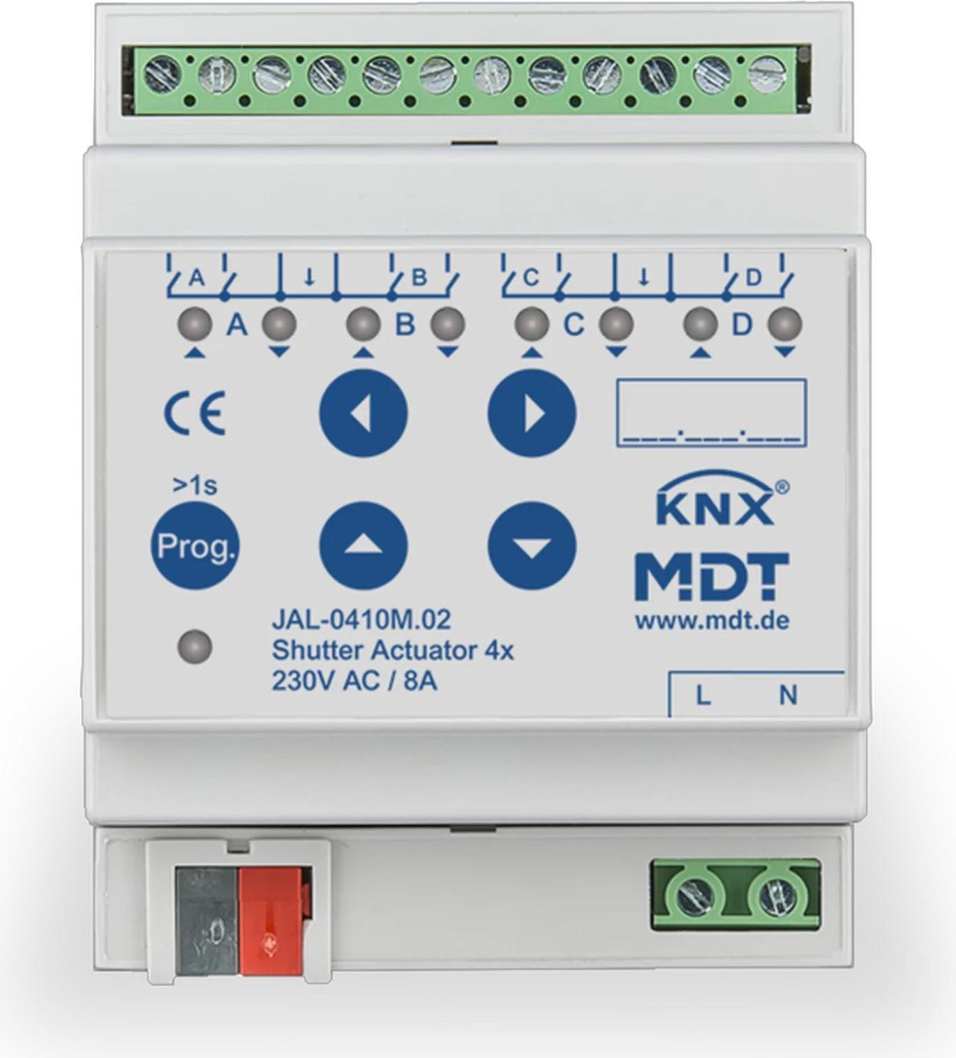 MDT KNX Jalousieaktor 4fach mit aut. Fahrzeitmessung REG, 1 Stk. JAL-0410M.02