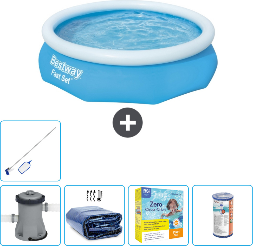 Bestway okrúhly nafukovací bazén s rýchlou montážou - 305 x 76 cm - modrý - vrátane markízy s čerpadlom - balík na údržbu - filter - čistiaca súprava