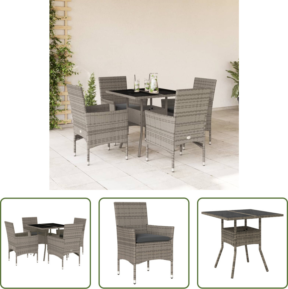 The Living Store 5-dielny záhradný jedálenský set s vankúšmi sivý polyratan a sklo