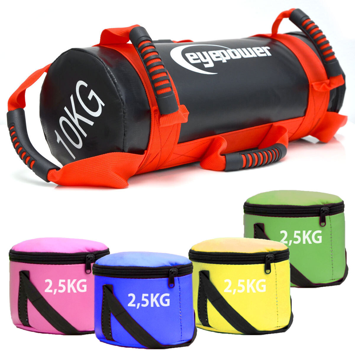 Eyepower 10kg Power Bag mit 4 Kettlebell Gewichten - 17x45 Home Training Sandbag 6 Griffe 16496