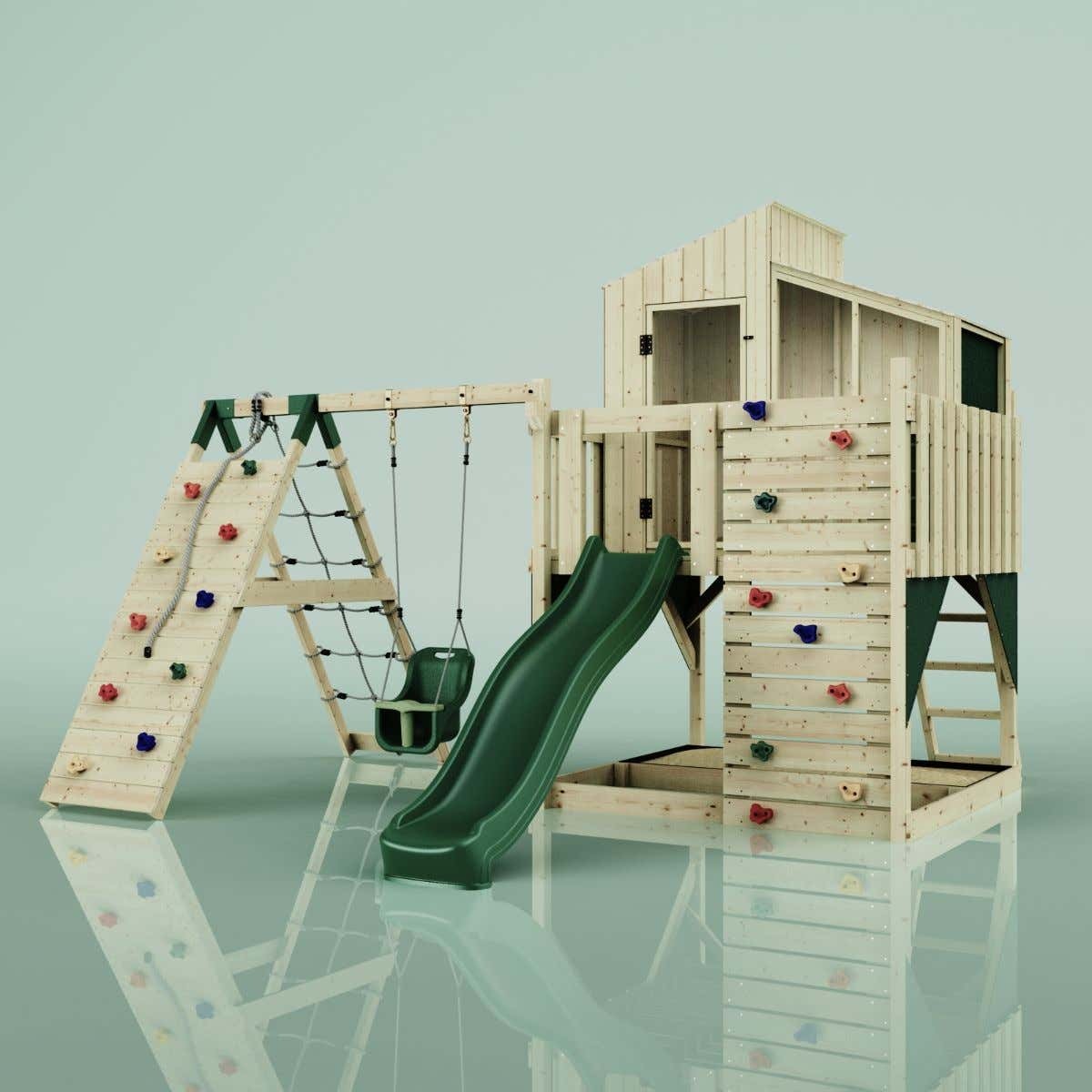 OutdoorToys Outdoor Spielturm mit Wellenrutsche, Spielhaus aus Holz mit Kinderschaukel, Kletterwand, Kletternetz, Ausführung: Babyschaukel, Farbe: Smaragdgrün Babyschaukel O4.5.00314.1