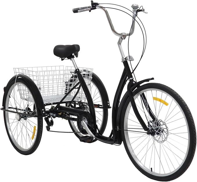 Unbranded 26 Zoll 3 Räder Dreirad Erwachsene, 6 Gang Dreirad für Erwachsene mit Korb, Verstellbarer Sitz 84-96cm, Maximale Sitzbelastung 120kg, Schwarz