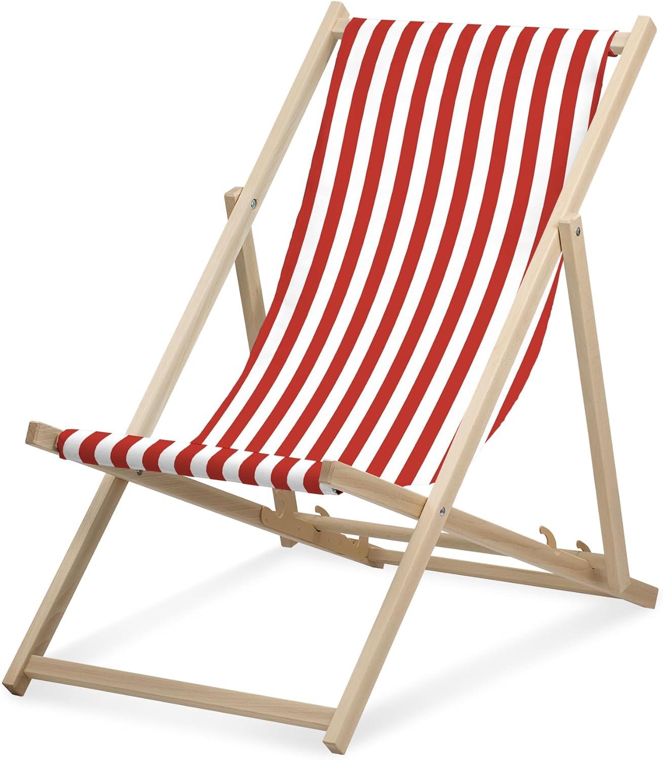 Lehátko - úzke pruhované - červené - skladacie - z bukového dreva - nosnosť do 95 kg - 3-smerovo nastaviteľné operadlo - plážové lehátko