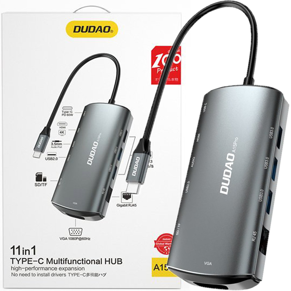 Dudao 11W1 Multifunkčný Rozbočovač Usb Typ C - Usb Typ C Pd 60 W / Hdmi / 3,5 Mm Mini Jack / 1X Usb 2.0 / Čítačka Kariet Micro Sd / Vga / Rj45 / 3X Usb 3.2 Gen 1 Sivá (A15Pro Sivá)