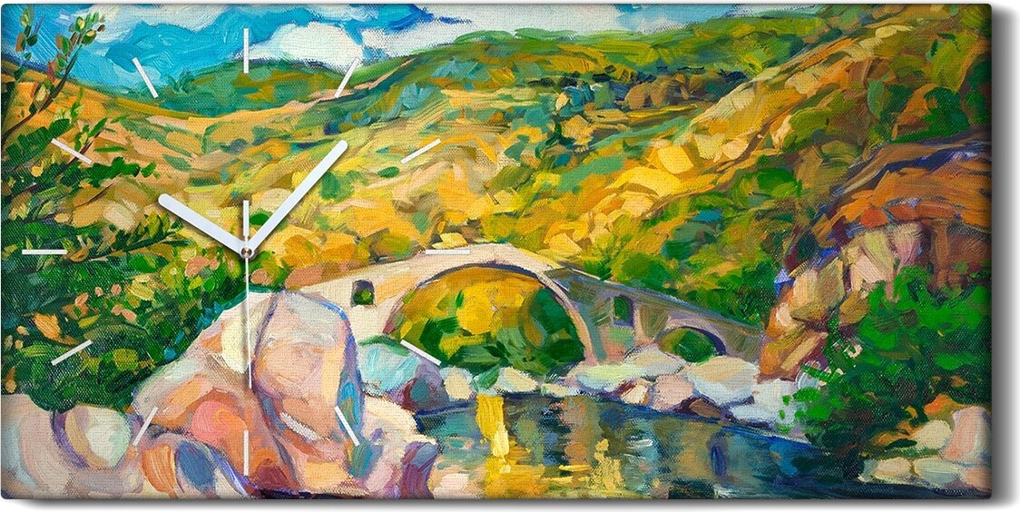 coloray Leinwand Uhr Küche Wohnzimmer Bild 60x30 Kunst Flusslauf Brücke in den Bergen - weiße Hände zch-60x30-43858880-b