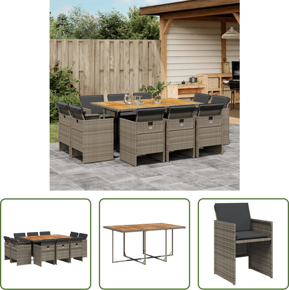 The Living Store 11-dielny záhradný jedálenský set s vankúšmi sivý polyratan