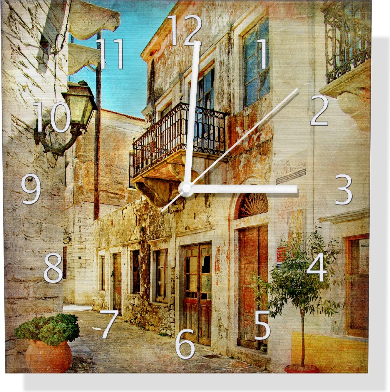 Wallario Design Wanduhr Gasse im Süden, Urlaub in Griechenland aus Aluverbund, Größe 30 x 30 cm udi0146-3030