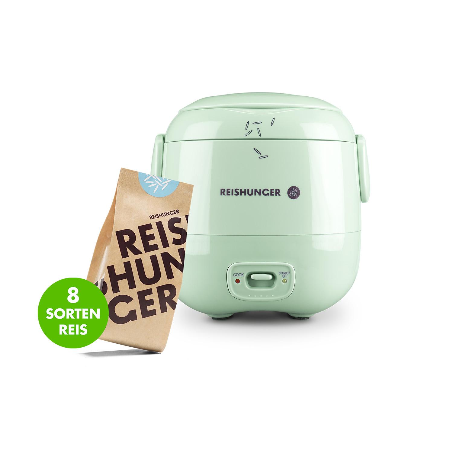 REISHUNGER Mini Reiskocher Starter Set - 0,3 L - Salbeigrün - Elektrischer Reiskocher für 1-2 Portionen - Im Vorteils-Set mit 8 Reissorten