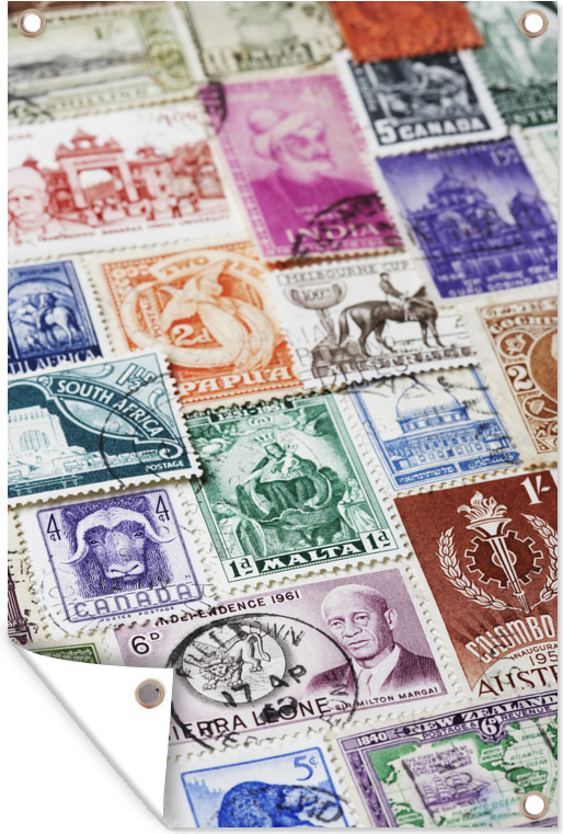 MuchoWow® 60x90 cm Outdoor-Poster Gartendeko Sichtschutz Garten Poster für den Garten Vielfalt der Postwertzeichen 133|17291228