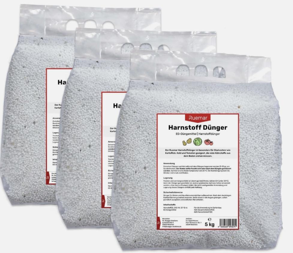 Ruemar Stickstoffdünger 15 kg (3x5kg) Harnstoff Dünger für Rasen Pflanzen Garten Blumen Beeren UREA