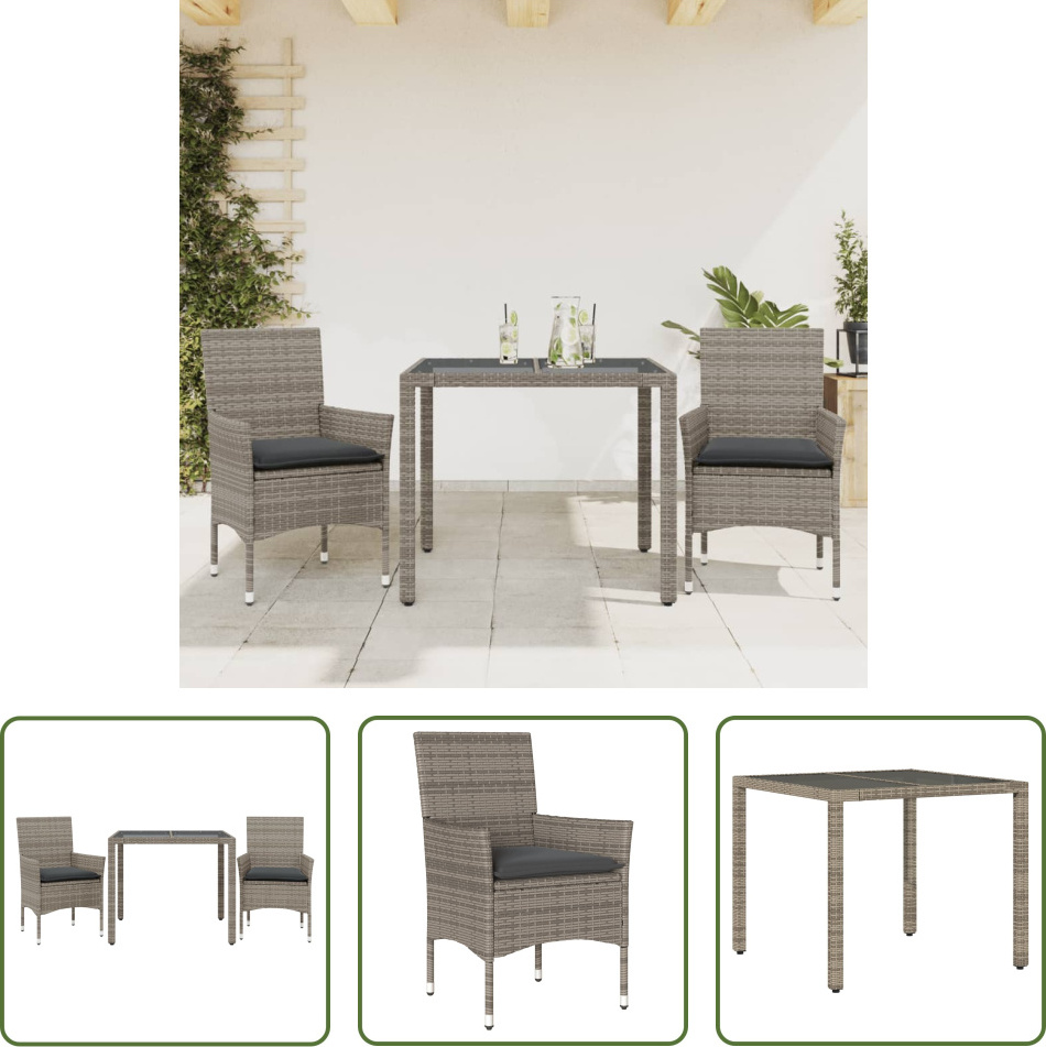 The Living Store 3-dielny záhradný jedálenský set s vankúšmi sivý polyratan a sklo