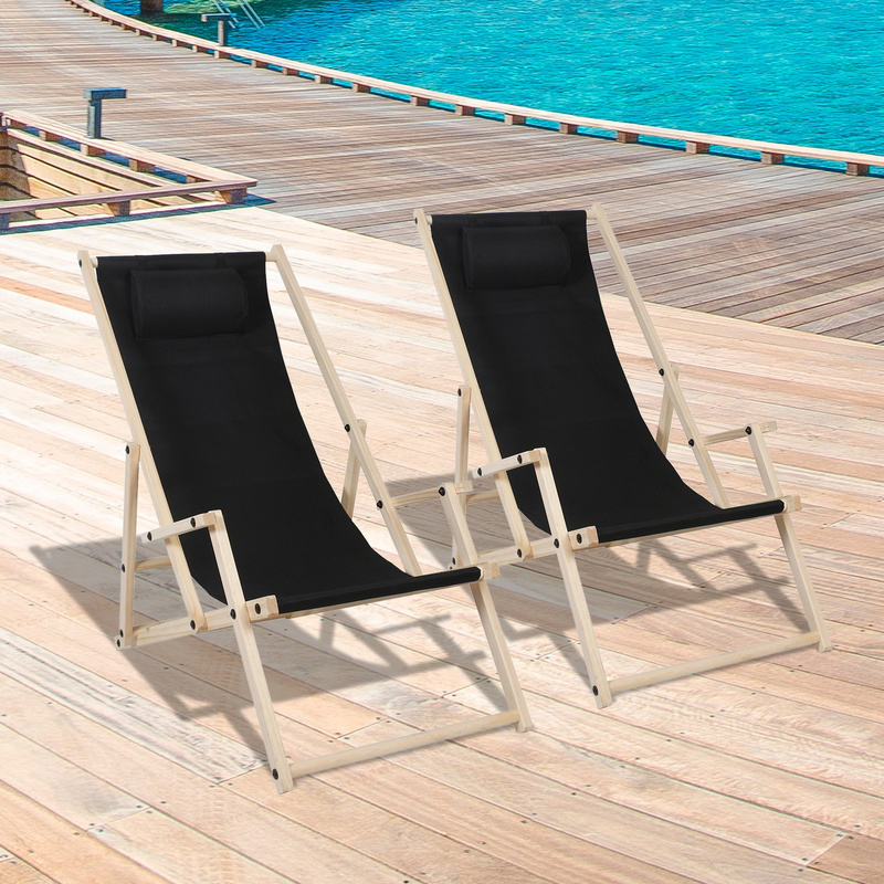 Jiubiaz Deck Chair Camping Chair Wood Folding Garden Chair Foldable Foldable Fabric Deck Black With Handrails 2 Pieces