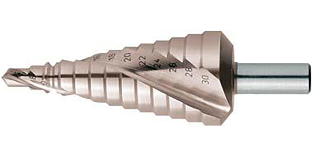 Slice FORMAT Universal-Stufenbohrer HSS spiralgenutet 7-40,5 mm, Länge:80,00 mm, Schaft-Ø h8:6 mm, Satzinhalt:nv 1000907.0412