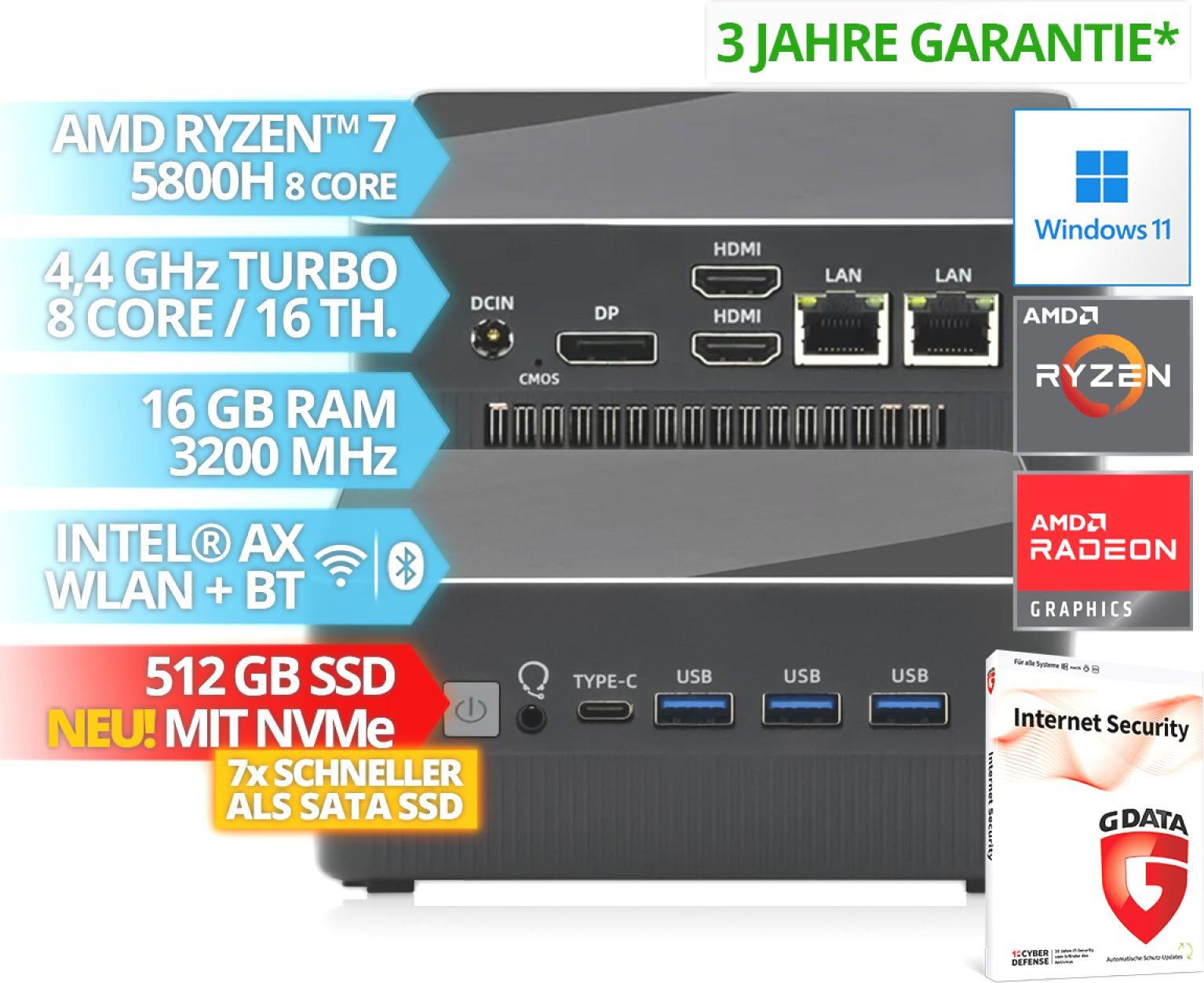 BRAINZAP AMD Ryzen 5800H 8-Core Mini Gaming PC NUC Radeon Vega 4,4 GHz 16 GB RAM 512 GB SSD WLAN Windows 11 BS-PC-MIN-ARX-NVME-16-512