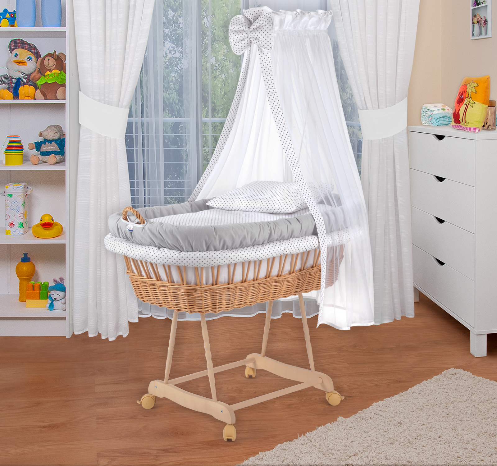 Waldin Baby Stubenwagen-Set mit Ausstattung,XXL,Gestell natur,grau/Punkte grau 1203-1p18h