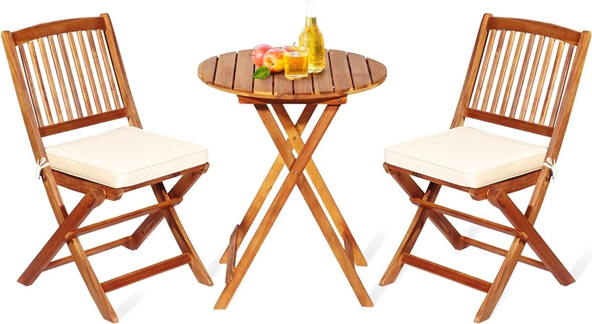Súprava záhradného nábytku skladacia, súprava balkónového nábytku 3-dielna z masívneho dreva, balkónový stôl bistro s 2 skladacími stoličkami, balkónový stôl záhradný stôl okrúhly, balkónový nábytok na terasu, záhradná sedacia súprava