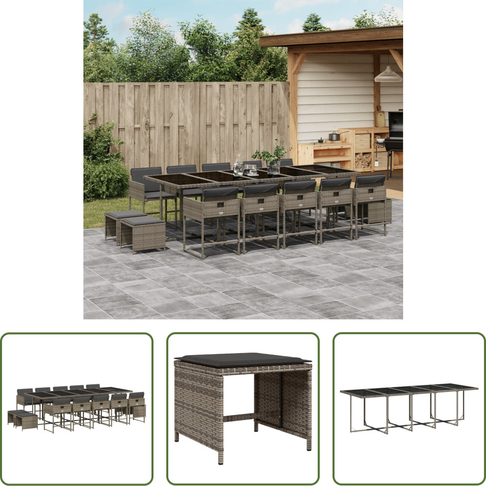 The Living Store 15-dielny záhradný jedálenský set s vankúšmi sivý polyratan