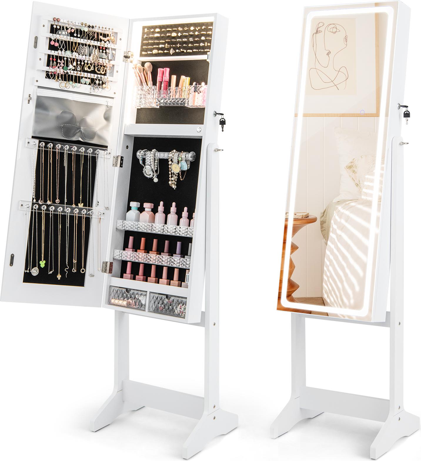 GIANTEX Schmuckschrank mit Ankleidespiegel, freistehender Schmuckständer mit großem Fassungsvermögen, LED-Beleuchtung & eingebautem Spiegel, abschließbarer